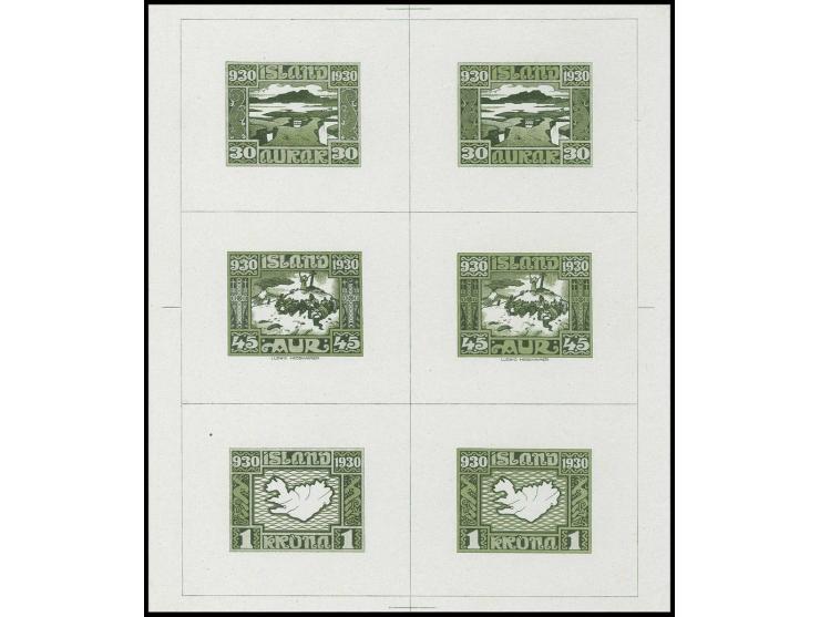 30 a., unissued 45 a. and 1 kr., two composite proof sheets with two values each of rejected background tone plate and combin