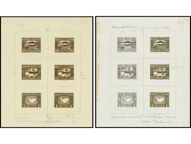 ditto, 3 compositive proof sheets of 2 values each of design plate only, designs + rejected backgrounds and designs + accepte
