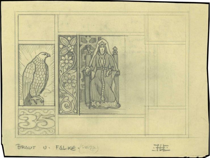 35 a., original hand drawing by Hesshaimer on thin paper, showing detailed sketch of central and left tablet, signed in the m