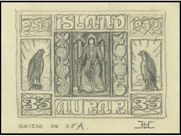 35 a., original hand drawing by Hesshaimer (ca. 28:21 cm), similar to the final design, signed in the margin LHE, ex 'Dr. Gen
