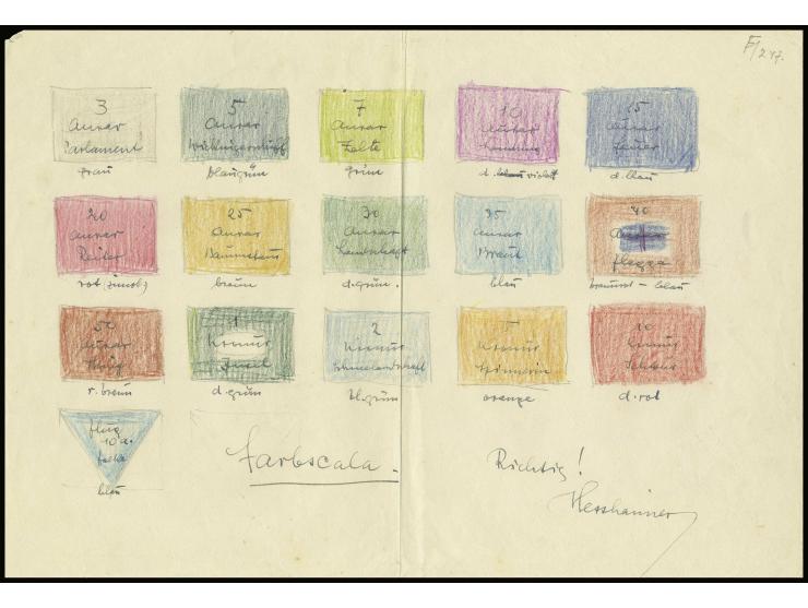 3 a.-10 kr. incl. airmail stamp; Hesshaimer's original scetch as proposal for the accepted colours of all values; ca. 40:27,5