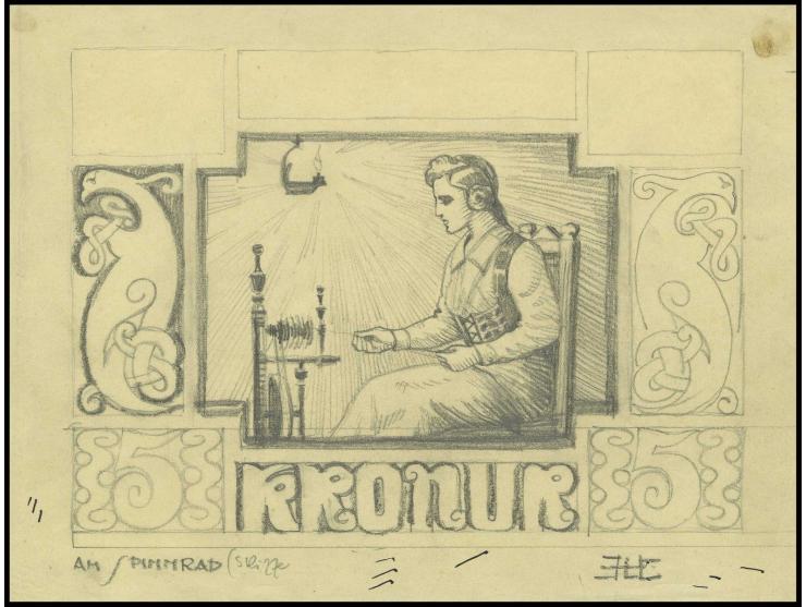 5 kr., original hand drawing by Hesshaimer (ca. 26:20 cm) on thin paper, showing the adopted central design and parts of fram