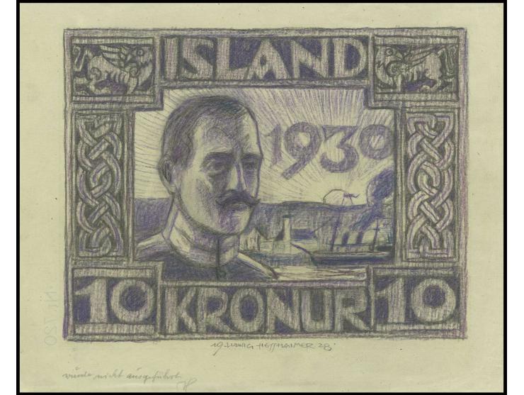 10 kr., hand drawing by Hesshaimer (ca. 26,5:21 cm) in not adopted design, showing the King's head infront of a harbour, sign