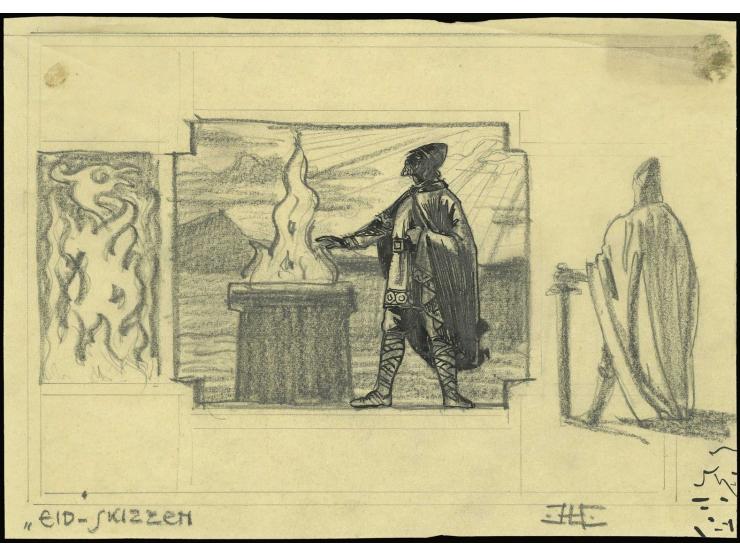 10 kr., original hand drawing (ca. 26,5:19 cm) by Hesshaimer as essay for the central design and in the margin additional sce
