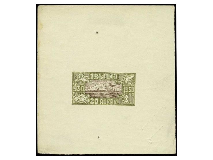 20 a., die proof with central design of 15 a. in colours of 35 a. value on gummed paper in block format, imperforated, rare, 