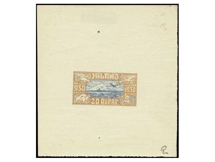 20 a., die proof with central design of 15 a. in blue/orangebrown on gummed paper in block format, imperforated, rare, ex 'Dr