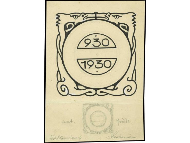 Original hand drawing (ca. 18,5:13 cm) as essay for the special cancellation of the Allthing set in black ink and pencil on c