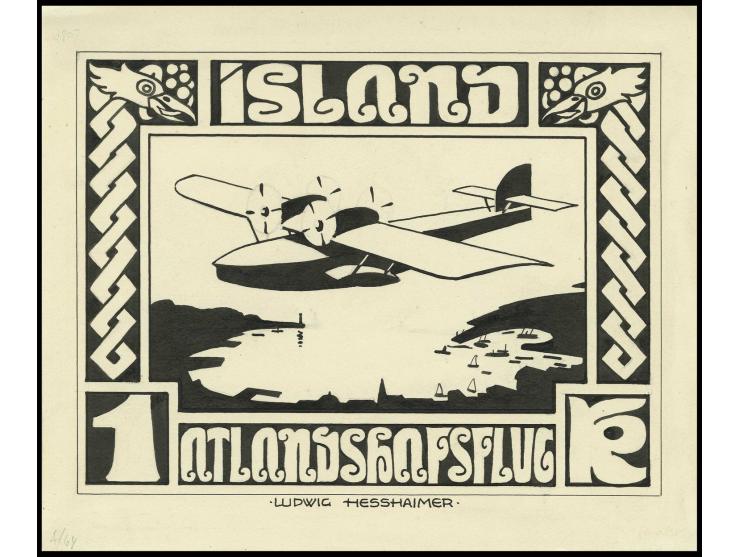 Essay for a trans-atlantic airmail stamp 1 kr. in unadopted design; original hand drawing in black ink and pencil on carton (