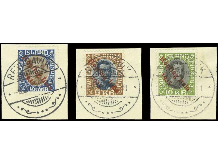 1-10 kr. cpl., nicely cancelled on pieces, very fine