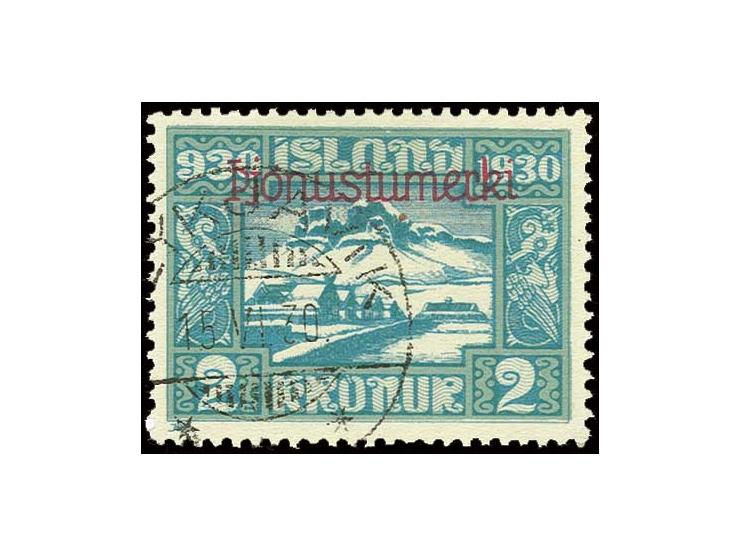 2 kr. with double overprint, one inverted, cancelled "REYKJAVIK 15.VI.30"; in used condition very rare stamp, less than 5 kno