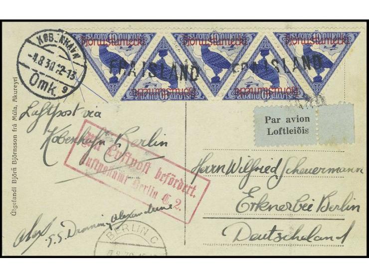 Airmail 10 a., horizontal strip of five, cancelled "FRA ISLAND" and tied by transit mark of Copenhagen to airmail postcard 19