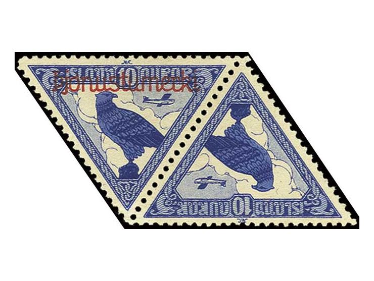 Airmail 10 a. in horizontal pair, one stamp without overprint, unused, small thin spot; very rare, certificate Nielsen (Facit