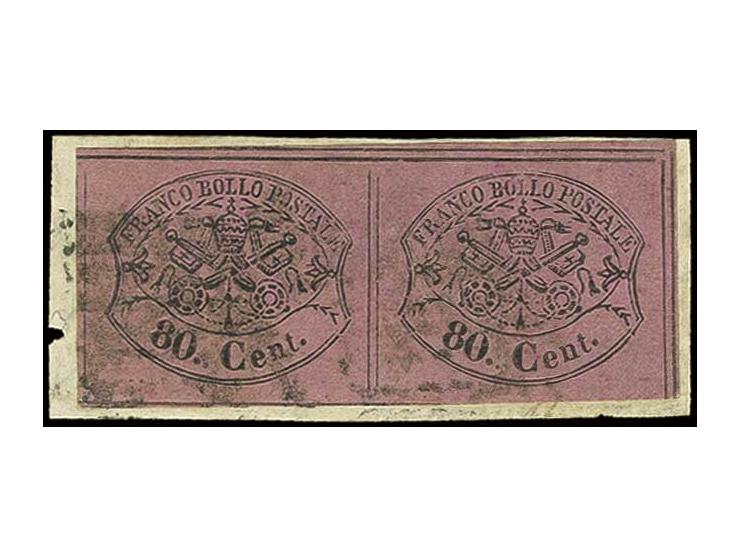 1867, 80 C. rose in horizontal pair on piece, on three sides with full margins, touched at bottom, certificate Sorani (Sasson