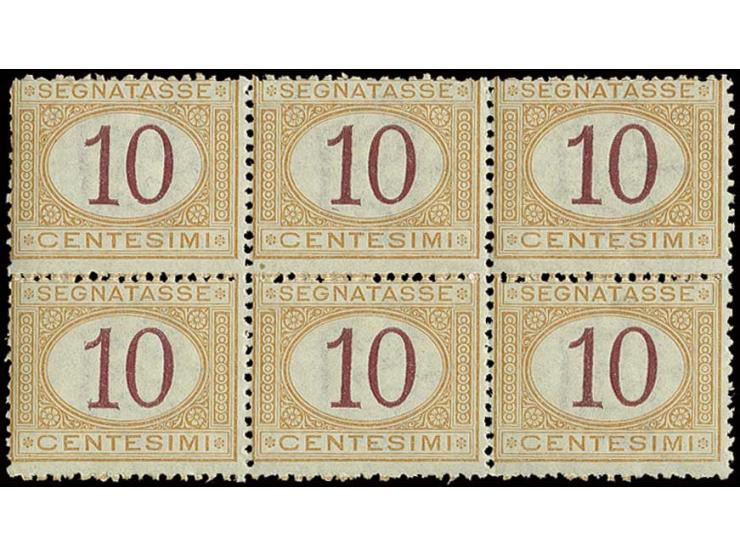 DUE STAMPS: 1870, 10 C. ochre/carmin in block of six, unsused, 5 copies mint never hinged, fine, sign. and certificate Raybau