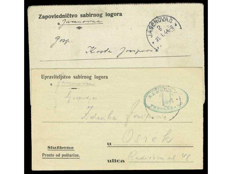 1943/44, Concentration camp Jasenovac, two cards with camp censor cancel in blue and green, fine