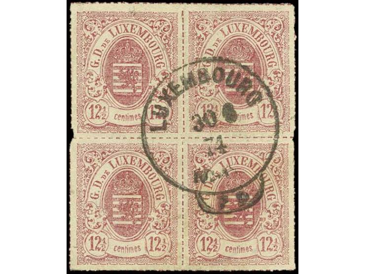 1865, 12 1/2 C. red rose in block of 4 with clear "LUXEMBURG 30.6.74" c.d.s., fine