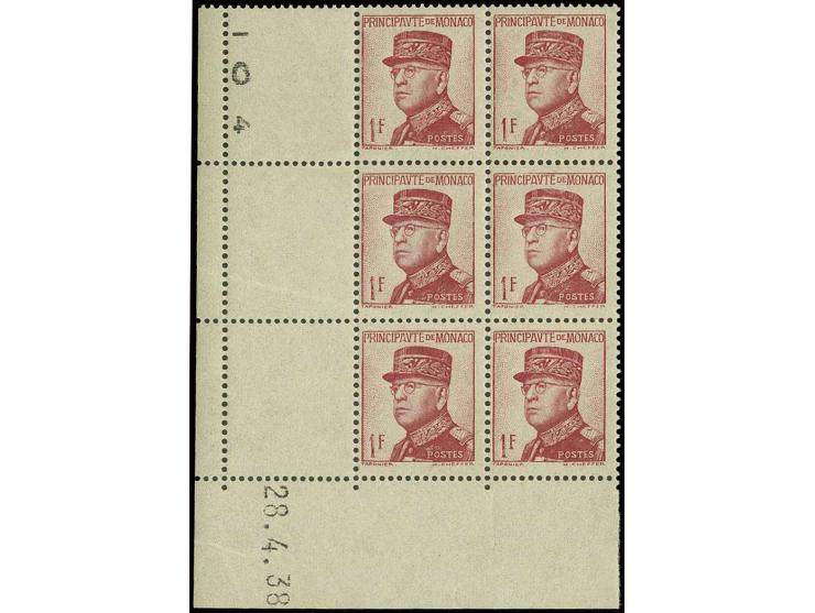 1938, 1 Fr. rose en bloc de six avec coin de feuille en bas à gauche et trois cases libres, coin daté "28.4.38", neuf sans ch