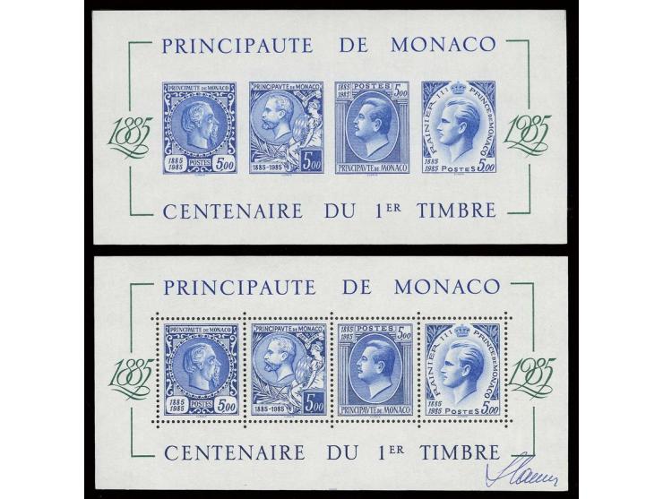 1985, Centenaire du 1er timbre de Monaco, bloc dentelé et non dentelé, neuf sans charnière (Yvert 33, 33a)