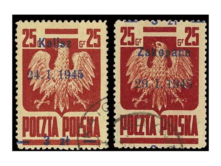 1945, Liberation of Polish Cities 3 zl. on 25 gr. Kalisz with surcharge at bottom instead at top and Zakopane with misplaced 