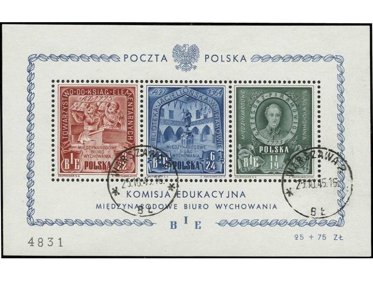 1946, BIE souvenir sheet with scarce black number (Mi. unknown) with "WARSZAWA 25.10.46" cds., sign. Falkowski (Fischer no. b