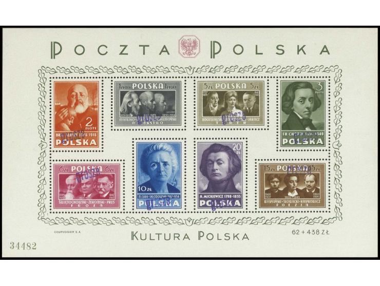 1950, Groszy-Overprints: Culture souvenir sheet with handstamp "GROSZY" in type 22, unhinged mint, fine, certificate Krawczyk