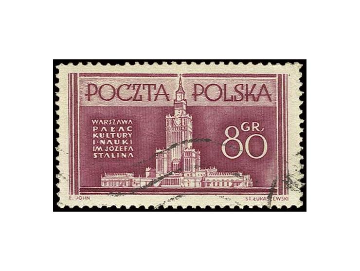 1953, Warschau rebuilding 80 gr., proof in purple, used, Falkowski certificate (Fischer no. 686s)