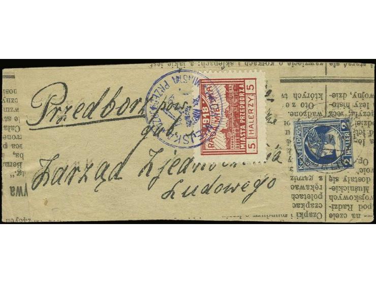 1918, 5 H. red, perf. 10 tied by blue "RADA MIESKA MIASTA PRZEDBORZA" handstamp on wrapper from Austria with newspaper stamp 