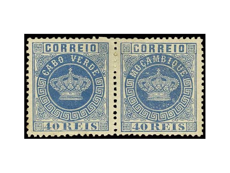 1877, 40 r. blue, perf. 12½, horizontal pair, the right stamp with inscription "MOZAMBIQUE", unused, regummed, otherwise fine