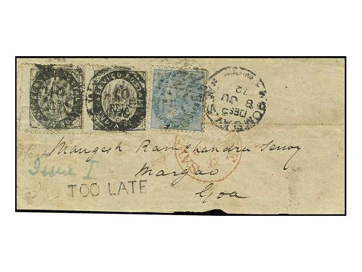 10 r. black in horizontal pair in combination with India ½ a. blue, all tied by duplex "BOMBAY 8 JU 72" to small cover to Goa