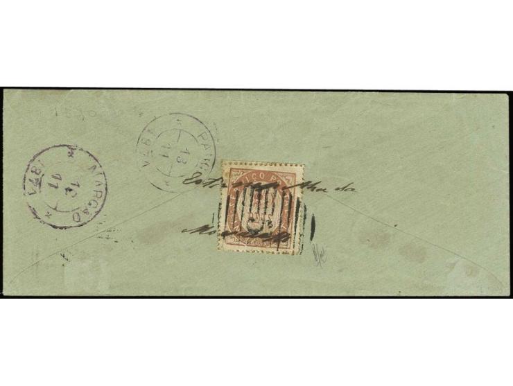20 r. light carmine, tied by manuscript and numeral "5" to reverse of small cover from "MARGAO 12/11 1871" to Pangim with adj