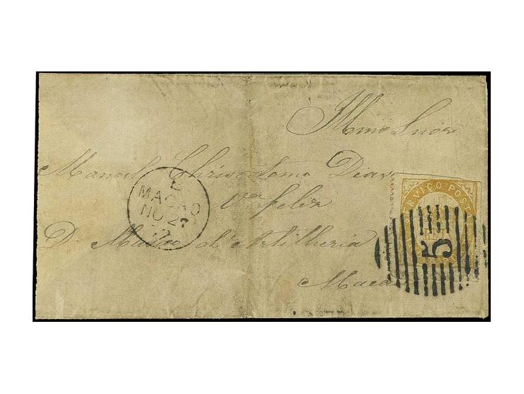 200 r. ocre, tied by clear numeral "5" to small envelope from "MARGAO 29 10 1872" to Macao with arrival mark of the British P