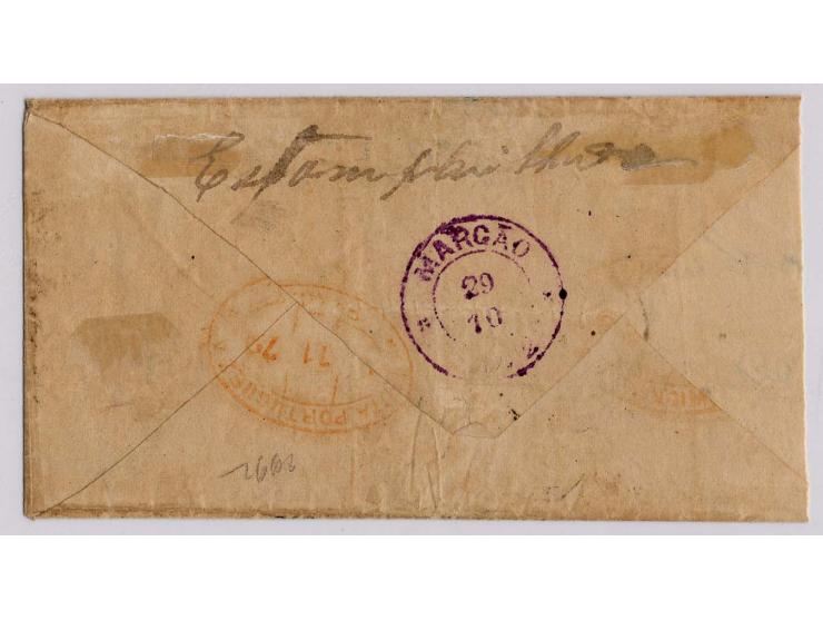 200 r. ocre, tied by clear numeral "5" to small envelope from "MARGAO 29 10 1872" to Macao with arrival mark of the British P