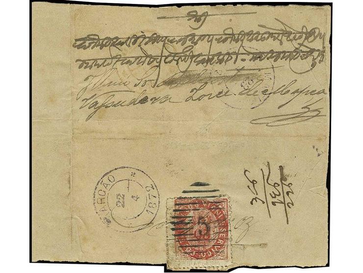 20 r. vermilion, tied by clear numeral "5" to small folded cover from "MARGAO 22/4 1872" to Mapuca, fine (AF no. 9)