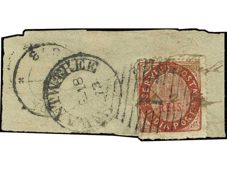 20 r. vermilion with variety "20 missing", tied by numeral "4" of Ponda to fragment of cover 1873, to British India. A striki