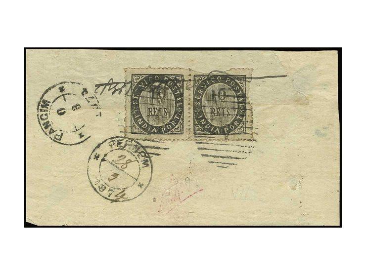 10 r. black, type IA in horizontal pair, tied by oval "A" to large part of cover from Pernem to Pangim; the right stamp some 
