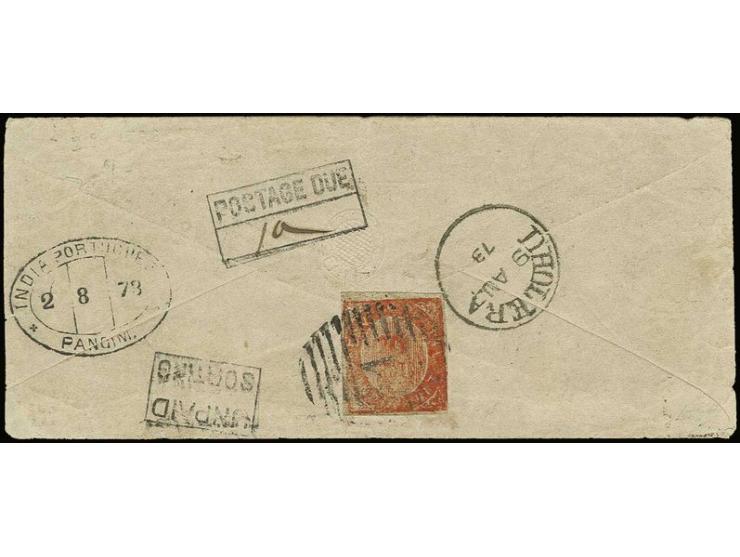 20 r. vermilion, tied by numeral "1" to small envelope from "PANGIM 2 8 73" without British Indian stamp to Dholera, here cha