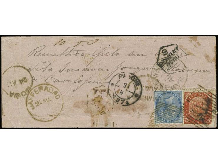 20 r. vermilion, type IB in combination franking with India ½ a. blue tied to cover from Diu 1874, to Pangim with several tra