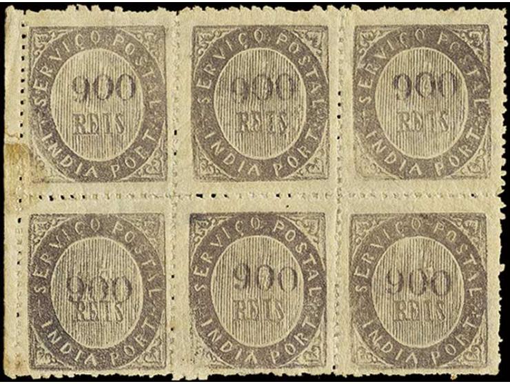 900 r. violet, horizontal block of 6 from the left sheet margin, unused o.g. The largest multiple known of this scarce stamp 