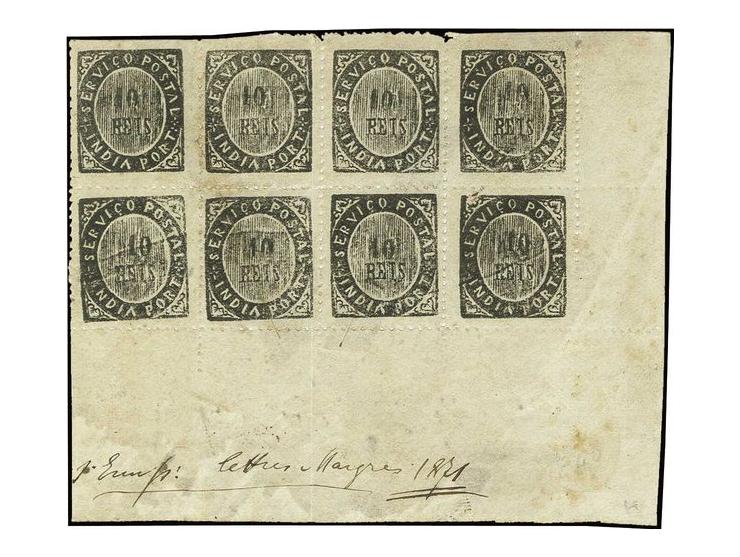 1874, die I re-cut with small numerals: 10 r. black in horizontal block of 8 from the lower right sheet corner with large mar