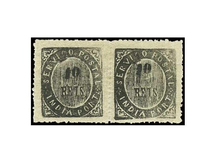 10 r. black, horizontal pair, both stamps with broken die under IC of SERVICIO, unused o.g., scarce (AF no. 21)