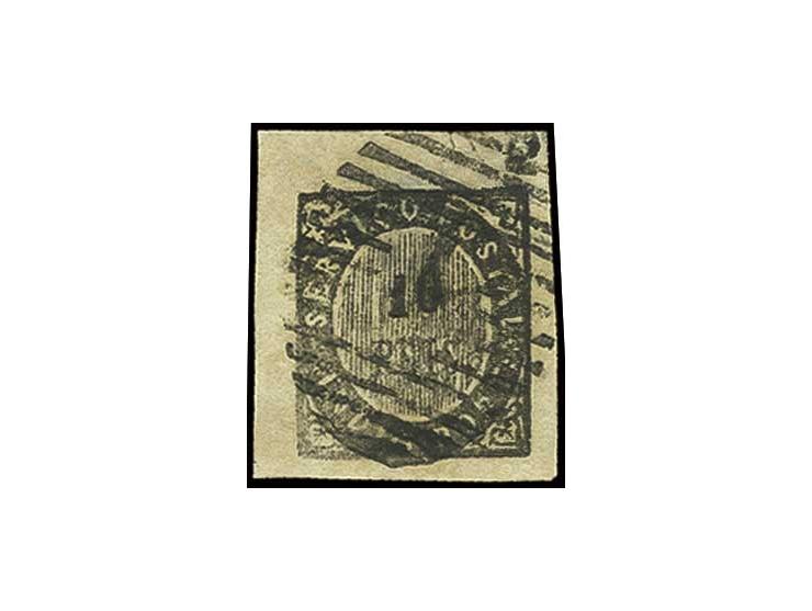 10 r. black, imperforated copy with large margins all around, cancelled by numeral "1" of Pangim, a scarce variety (AF no. 21