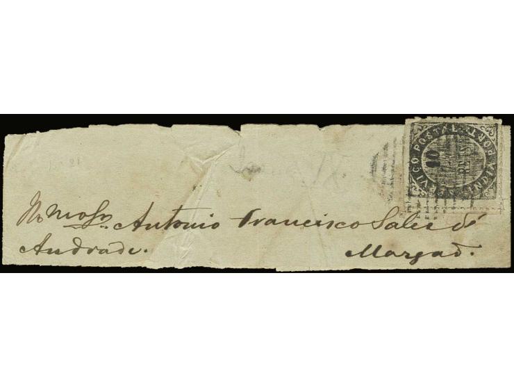 10 r. black tied to cpl. printed matter wrapper from "PANGIM 17/5 1875" to Margao. The only known printed matter of the nativ