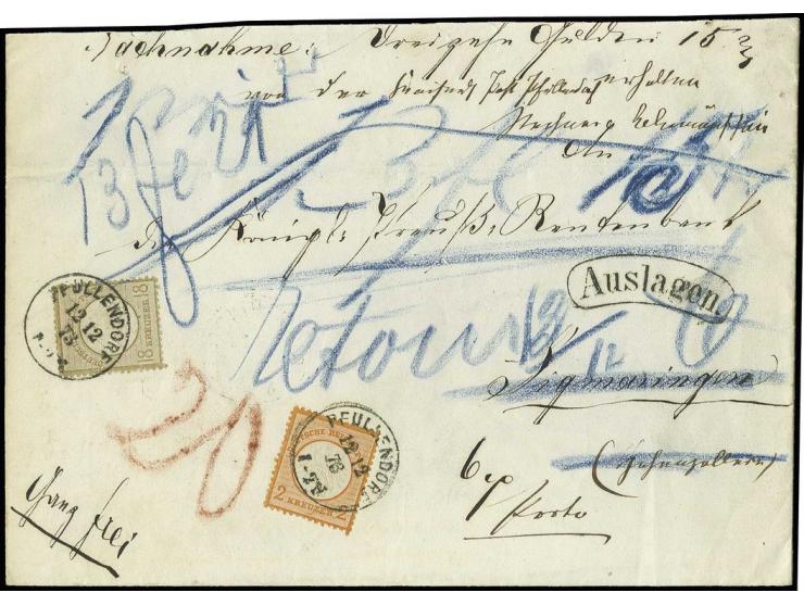 18 Kreuzer ockerbraun mit Plattenfehler "heller Fleck im Rahmen links von D in DEUTSCHES" (Feld 112), mit 2 Kreuzer orange, e