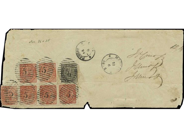 10 r. black and 20 r. vermilion in irregular block of 6, tied by numeral "5" to envelope from "MARGAO 13/6 1875" to Pangim; t
