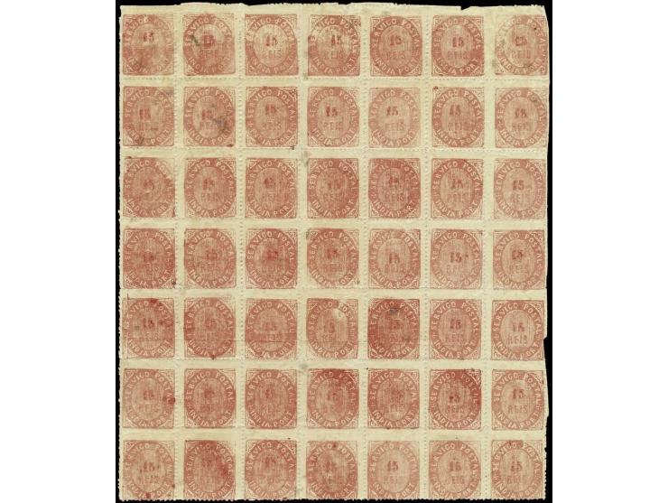 15 r. rose, block of 49 stamps, the upper row with complete sheet water mark "Hodgkinson"; unused o.g.; perforation slightly 