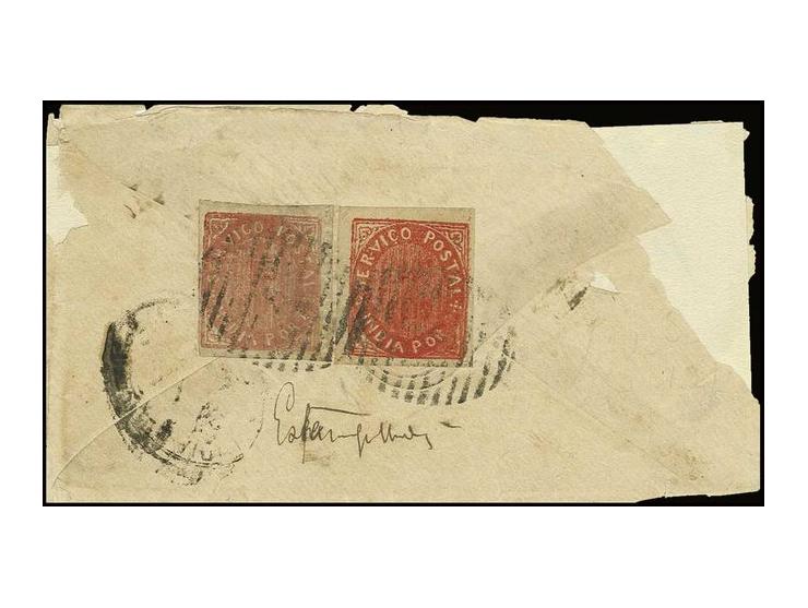 15 r. rose and 20 r. vermilion, tied to reverse of not quite cpl. cover from "CHINCHINIM 28/..1877" to Canacona; a rare frank