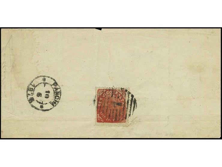 20 r. vermilion in dark shade, tied by numeral "1" to folded cover from "PANGIM 10/6 1876" to Margao (AF no. 25)