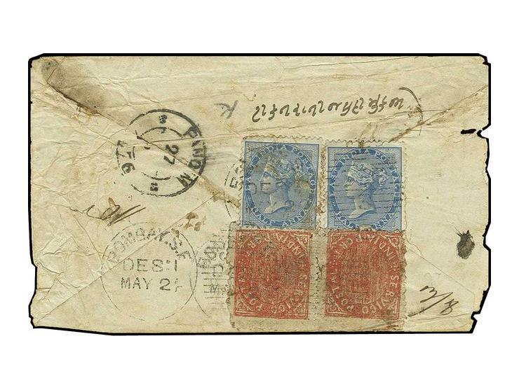 20 r. vermilion, horizontal pair in combination with 2 copies India ½ a. blue, tied by duplex "BOMBAY S.E. MAY 24" (1876) to 