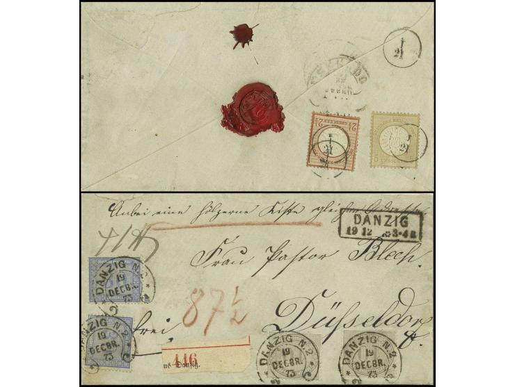 10 Groschen gelblichgrau und 30 Groschen grauultramarin , je 2 Einzelwerte mit klaren Hufeisenstempeln "DANZIG N.2 19 DECBR. 