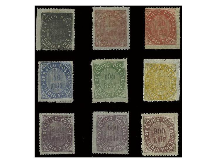 1876, die II with inverted 'A' instead of 'V' in 'SERVICO': 10 r. black - 900 r. violet, the cpl. set of 9, unused, partly o.
